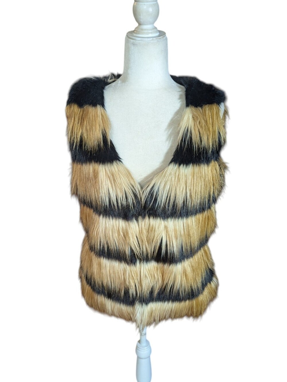 Dolce Cabo Faux Fur Shaggy Striped Vest - Black & Tan Rockstar Festival Sz L